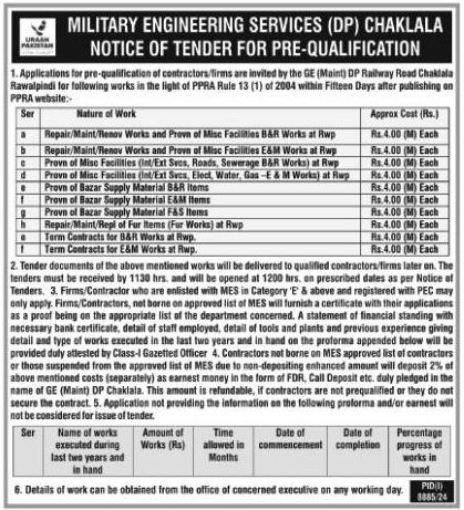 Military Engineering Servicesw Chaklala Tender Notice